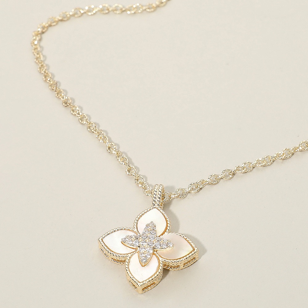Gold Flower Pendant Necklace with White Enamel and Crystal Accents